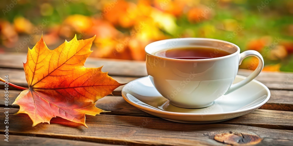 Closeup view of a cup of tea with vibrant autumn leaf , tea, cup, drink, autumn, leaf, vibrant, closeup, beverage, hot Closeup view of a cup of tea with vibrant autumn leaf , tea, cup, drink, autumn, leaf, vibrant, closeup, beverage, hot