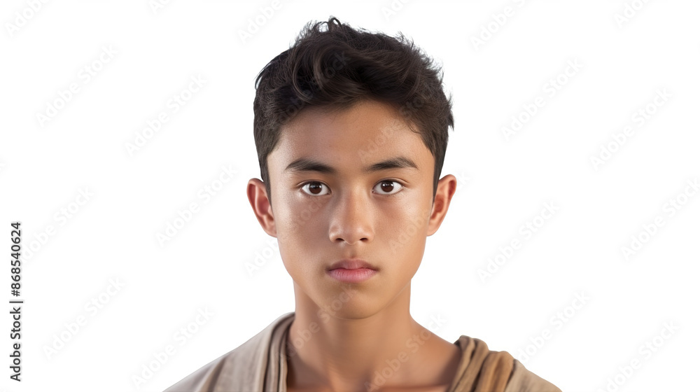 Thai young man in alone against a stark white backdrop Thai young man in alone against a stark white backdrop