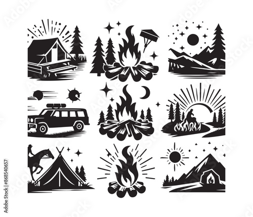 camping and campfire svg vector art graphic resources silhouette vector style, white background
