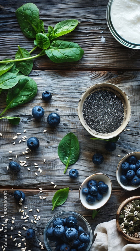 Fresh blueberries, spinach, chia seeds, and yogurt on a rustic wooden table. Generated AI. Fresh blueberries, spinach, chia seeds, and yogurt on a rustic wooden table. Generated AI.