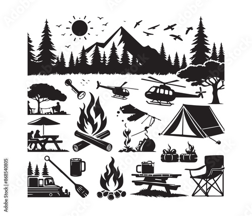 camping and campfire svg vector art graphic resources silhouette vector style, white background