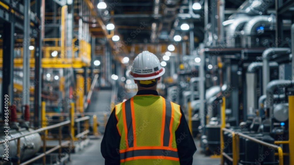 An industrial worker in a safety vest and helmet supervises the operations in a large, complex manufacturing plant An industrial worker in a safety vest and helmet supervises the operations in a large, complex manufacturing plant