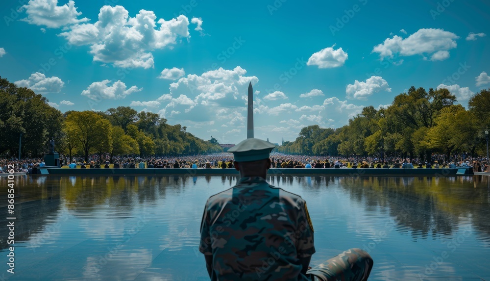 Obraz premium A solemn remembrance ceremony for the sacrifices made for freedom and civil rights, with a backdrop of national landmarks