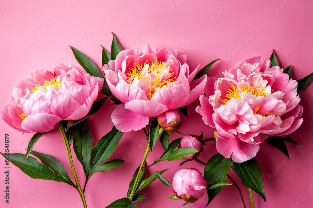 Vibrant Pink Peonies on a Pastel Pink Background. Fresh and Elegant Floral Design Vibrant Pink Peonies on a Pastel Pink Background. Fresh and Elegant Floral Design