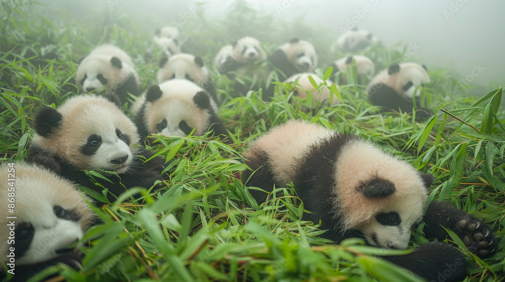 Fototapeta premium Group of Giant Pandas Close-Up on Green Grass
