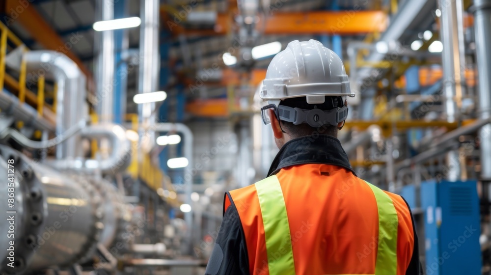 An industrial worker in a safety vest and helmet supervises the operations in a large, complex manufacturing plant An industrial worker in a safety vest and helmet supervises the operations in a large, complex manufacturing plant