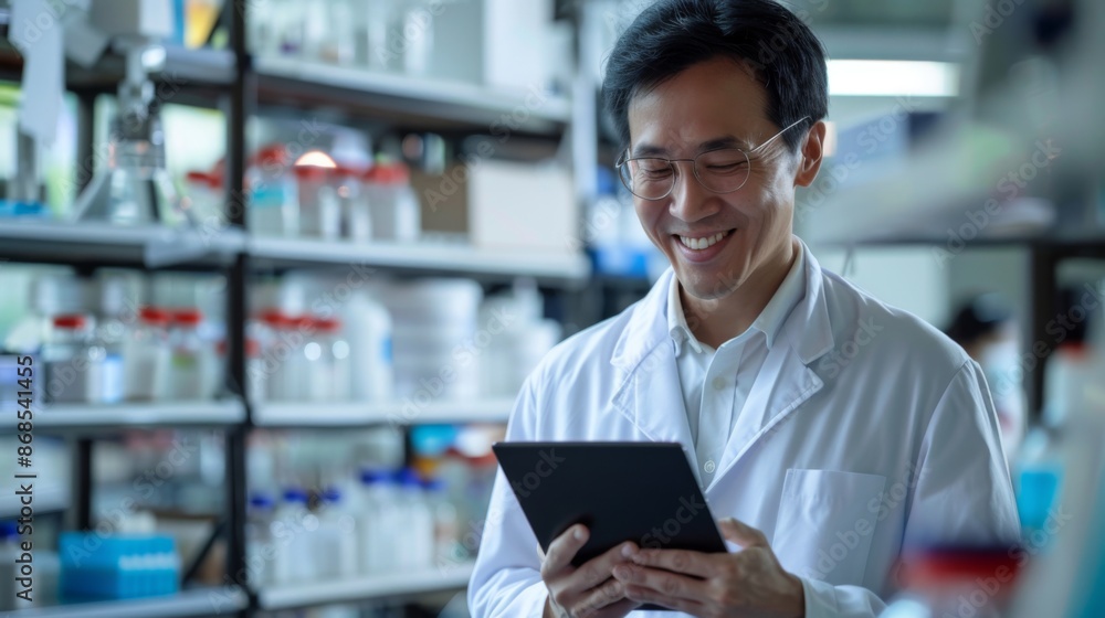 Fototapeta premium Asian scientist, man and tablet with portrait, smile or research in laboratory for medical innovation. Person