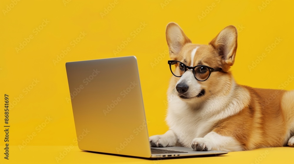 A dog is laying on a yellow surface with a laptop in front of it. The dog is wearing glasses and he is looking at the screen. Concept of curiosity and playfulness A dog is laying on a yellow surface with a laptop in front of it. The dog is wearing glasses and he is looking at the screen. Concept of curiosity and playfulness