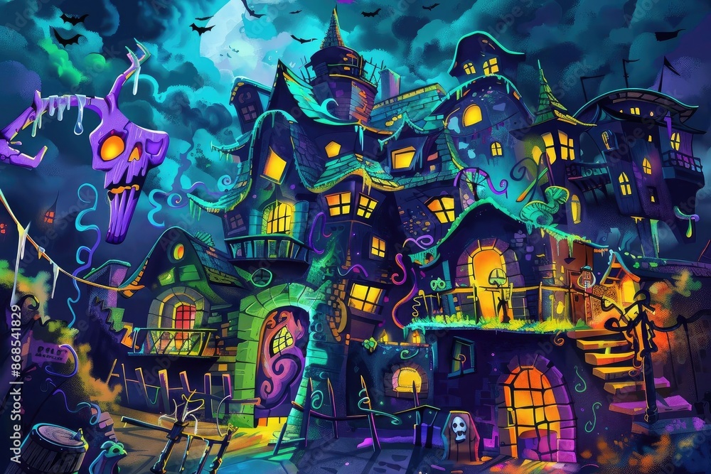 Colorful haunted house illustration with spooky, whimsical details, glowing windows, and eerie lighting under a greenish cloudy sky. Colorful haunted house illustration with spooky, whimsical details, glowing windows, and eerie lighting under a greenish cloudy sky.