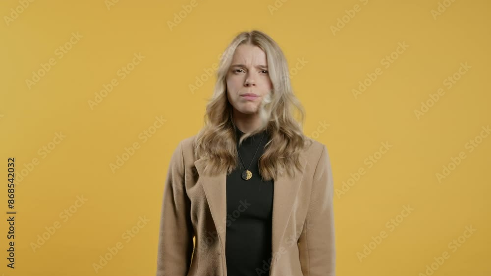 Uninterested businesswoman disapproving with NO finger sign gesture. Denying Uninterested businesswoman disapproving with NO finger sign gesture. Denying
