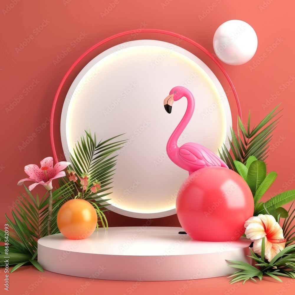 3D render of a podium display with a white circle, decorated with summer elements such as a beach ball, flamingo inflatable, and other items, evoking a holiday vacation theme. 3D render of a podium display with a white circle, decorated with summer elements such as a beach ball, flamingo inflatable, and other items, evoking a holiday vacation theme.
