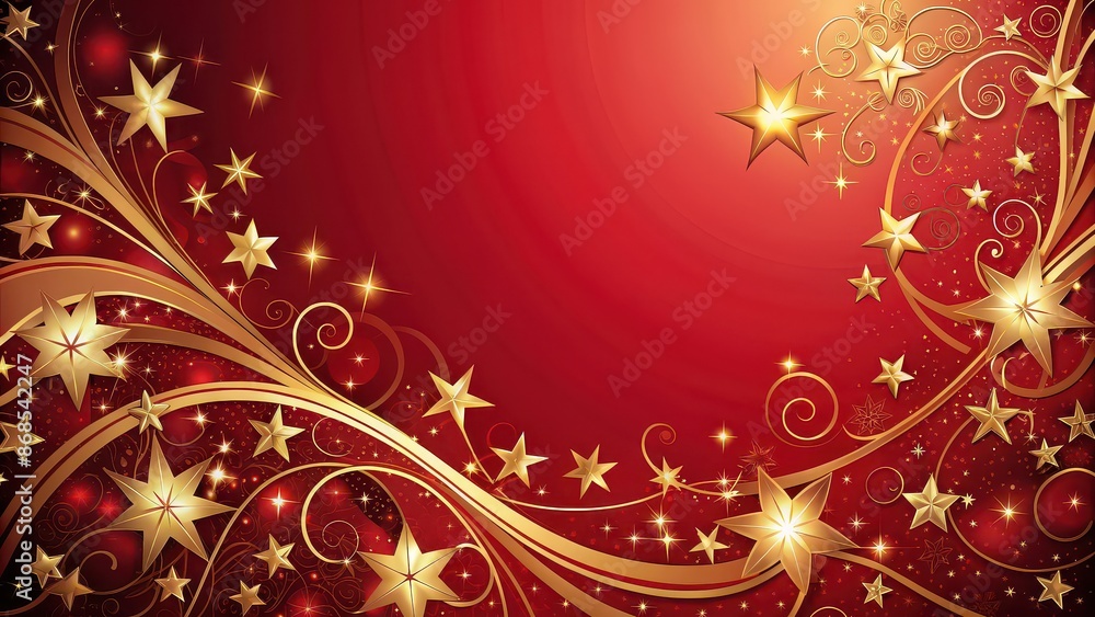Red background with elegant gold stars and swirls, red, background, gold, stars, swirls, elegant, design, festive Red background with elegant gold stars and swirls, red, background, gold, stars, swirls, elegant, design, festive