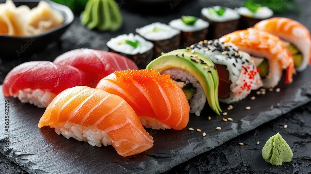 artfully arranged sushi platter on sleek black slate vibrant colors of fresh fish avocado and garnishes pop against the dark background showcasing culinary precision artfully arranged sushi platter on sleek black slate vibrant colors of fresh fish avocado and garnishes pop against the dark background showcasing culinary precision