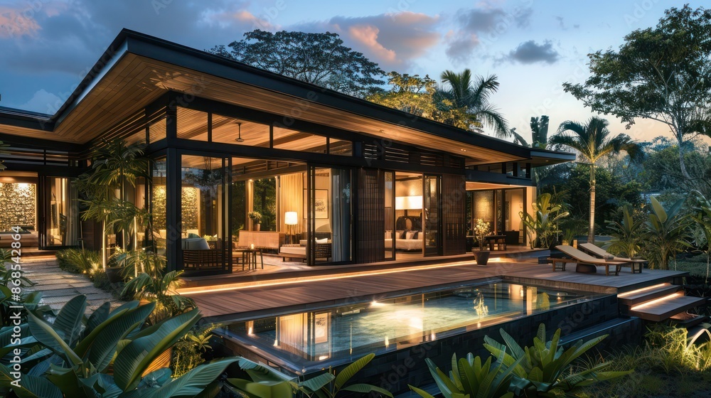 luxury resort villa with exterior cladding of tropical hardwood, blending seamlessly with the lush surroundings luxury resort villa with exterior cladding of tropical hardwood, blending seamlessly with the lush surroundings