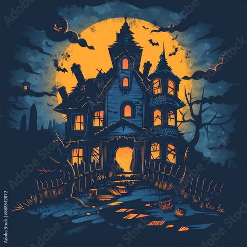 30061818 108 Spooky haunted house, broken windows, flat design illustration --stylize 250 Job ID: 27c9a972-fc15-402d-987e-92f0eab67a2d photo