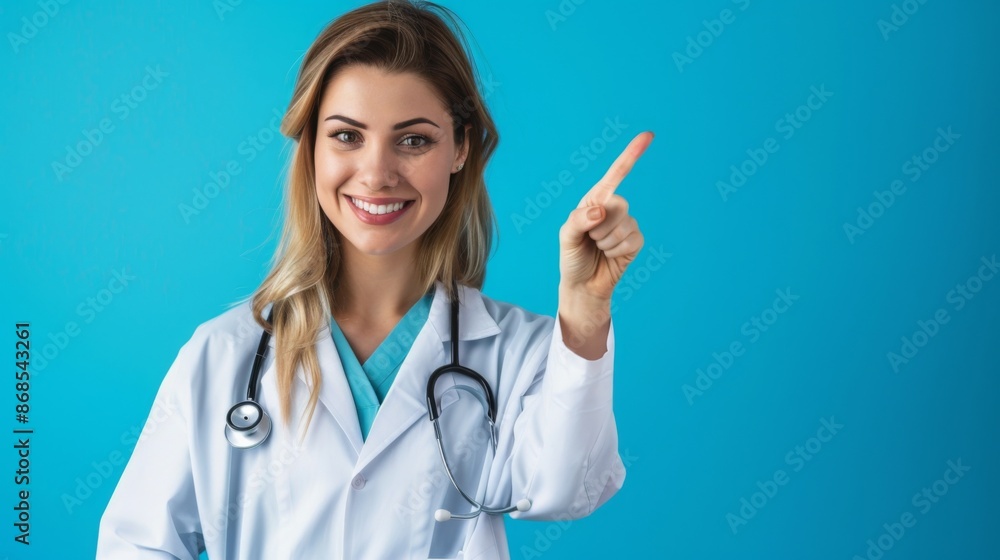 Beautiful female doctor with stethoscope pointing at something on blue background Beautiful female doctor with stethoscope pointing at something on blue background