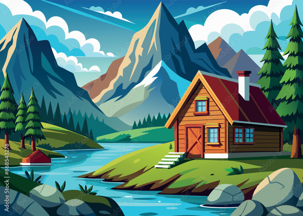 Beautiful scenery with river mountain landscape and old house vector illustration artwork Beautiful scenery with river mountain landscape and old house vector illustration artwork