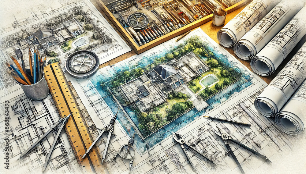 Fototapeta Architectural Blueprints and Drawing Tools on Desk.