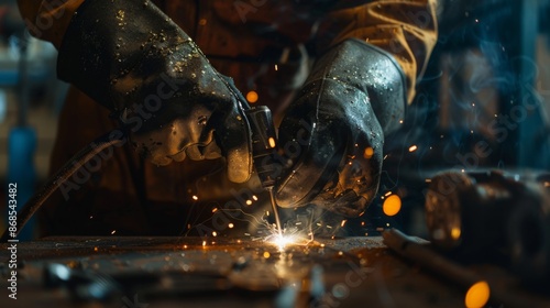 Welder working with sparks flying in a workshop. Industrial welding and metalwork concept. Close-up shot.