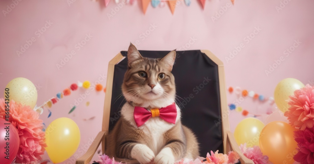 Cat wearing a bowtie and a flower lei sitting in Cat wearing a bowtie and a flower lei sitting in
