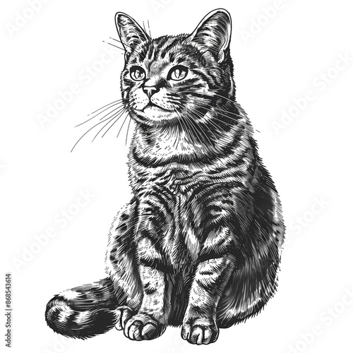 cat line art illustration with vintage engrave style isolared on transparent backround photo