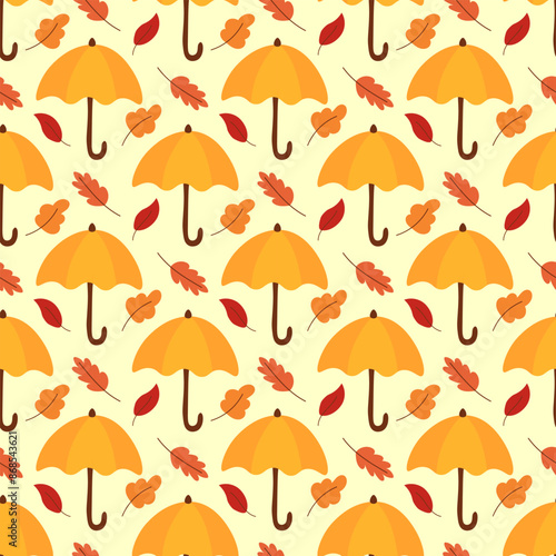Autumn seamless pattern with umbrellas and leaves. Print for paper, textile and fabric. Cozy fall background. Hand drawn vector flat illustration.