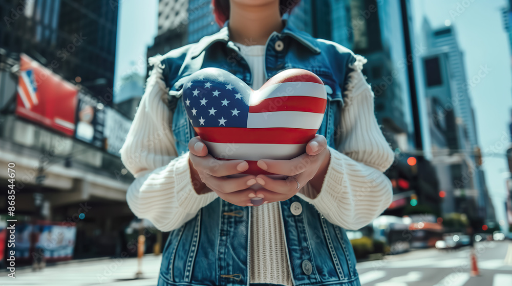 Obraz premium A young woman in a denim jacket holds an American flag and heart in her hands. Focus on the hands and the US flag. Celebration concept for Independence Day, 4th of July, elections, voting.