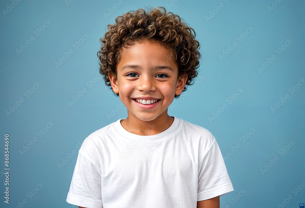 A smiling boy with curly hair in a white t-shirt against a blue background A smiling boy with curly hair in a white t-shirt against a blue background
