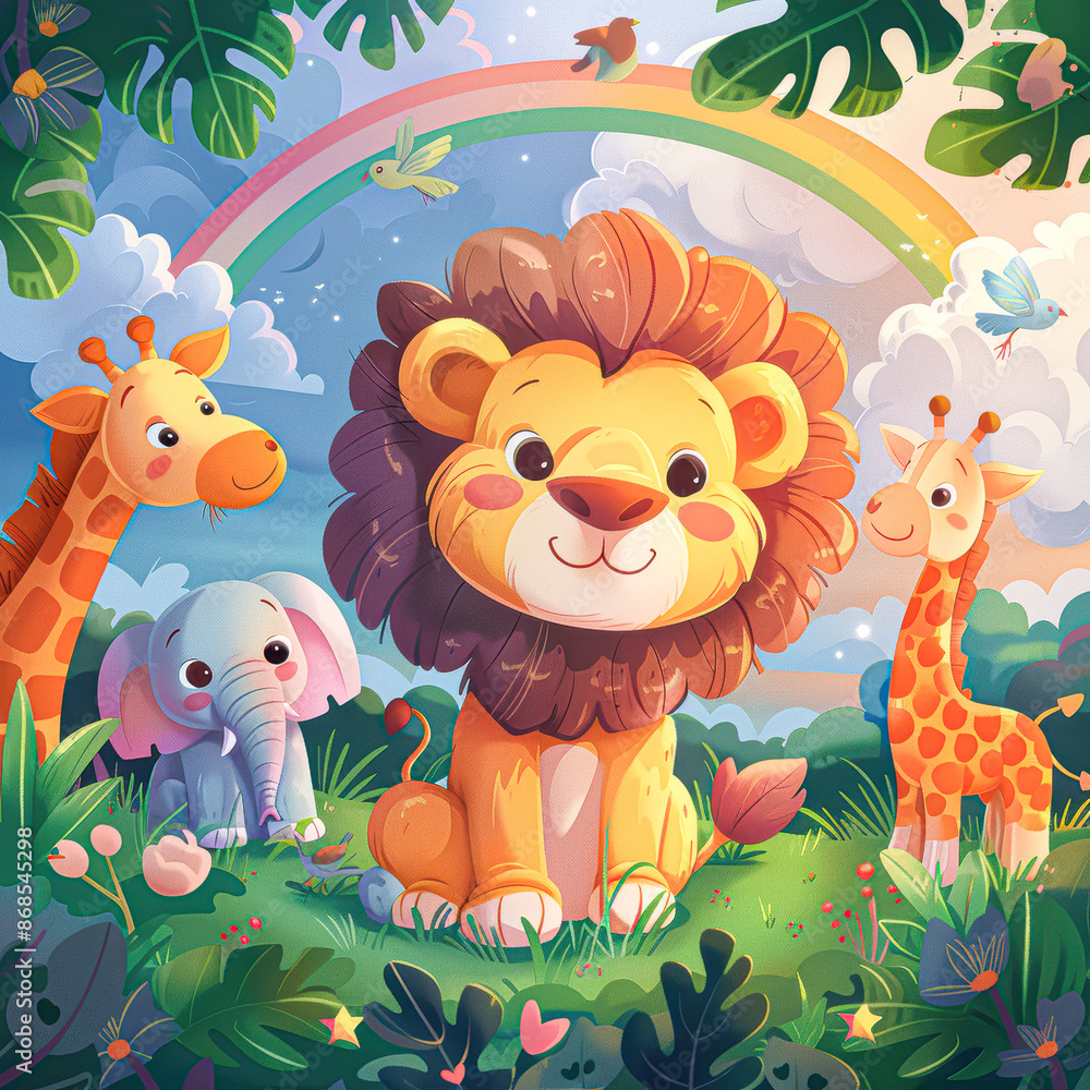 Naklejka premium Adventures in the Wild: Cute Cartoon Lion with Elephant, Giraffe, and Bird in Vibrant