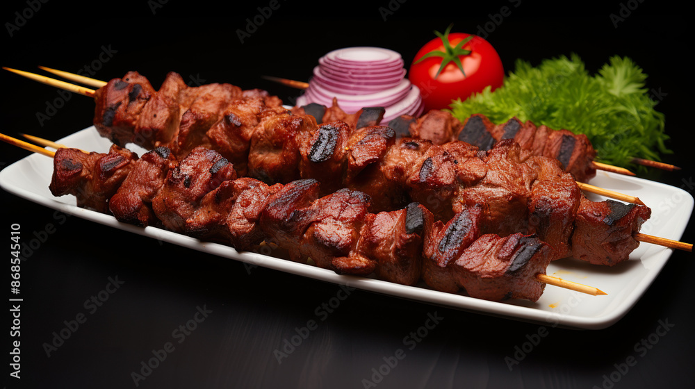 On a black background, Turkish Adana Kebab is isolated. On a black background, Turkish Adana Kebab is isolated.