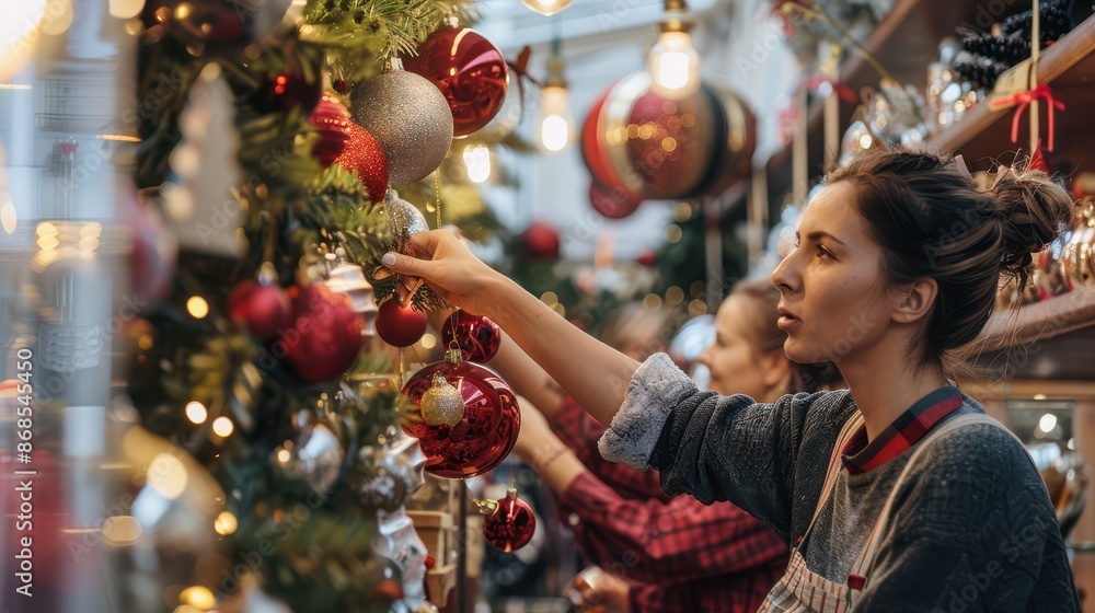 Team of small business owners decorating their store for a festive occasion, hanging ornaments and arranging themed displays to attract customers Team of small business owners decorating their store for a festive occasion, hanging ornaments and arranging themed displays to attract customers
