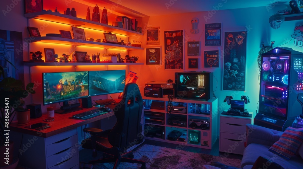 Obraz premium Modern gaming setup with dual monitors and RGB lighting in a cozy room. Gamer's workspace concept.
