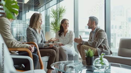 Young adult accompanied by parents in a meeting with a financial planner, modern office with large windows, engaging and informative discussion, advisor using visual aids