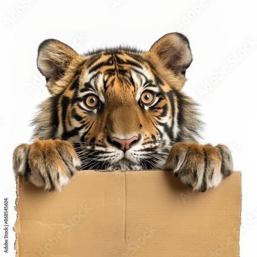 A cute Bengal tiger and paws holds a cardboard in its paws against a isolated on white background, looking directly at the camera with an attentive expression photo