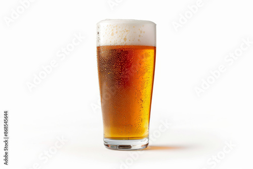 close up horizontal isolated image of a pint of beer over a white neutral background, copy space
