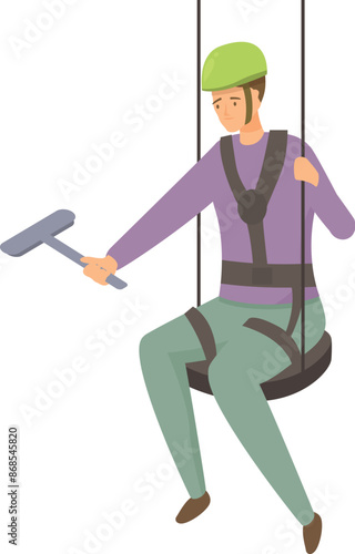 Person is working at height in a safety harness and holding a squeegee