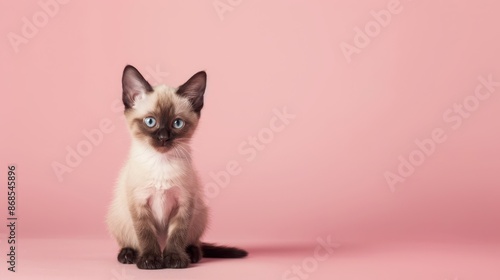 A cute Siamese kitten sitting on a solid pastel pink background with space above for text © bajita111122