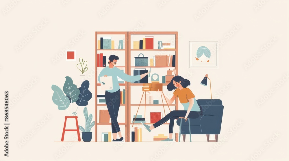 Couple building a DIY bookshelf in their new apartment, working as a team and enjoying the process of creating something together Couple building a DIY bookshelf in their new apartment, working as a team and enjoying the process of creating something together