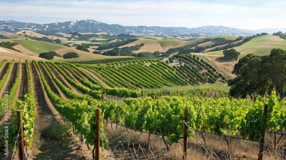 A picturesque vineyard with rows of grapevines and rolling hills A picturesque vineyard with rows of grapevines and rolling hills