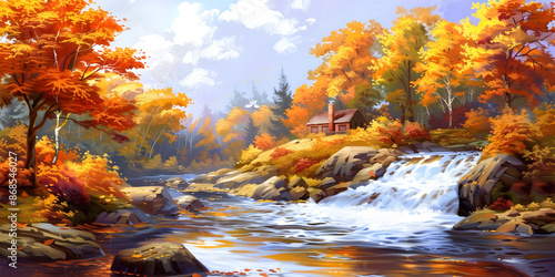Oil Painting Style of Small Bungalow in Lush Autumn Wood Beside Babbling River photo