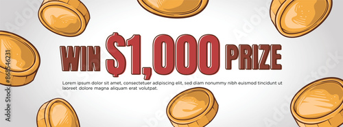 win fresh money prize editable web banner template.flying coin money. clean modern banner concept vector illustration.
