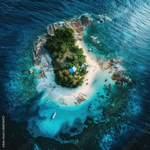 Drone view of a picturesque island with white sandy beaches, turquoise waters, and a coral reef surrounding it, creating a perfect paradise for vacationers and nature lovers photo