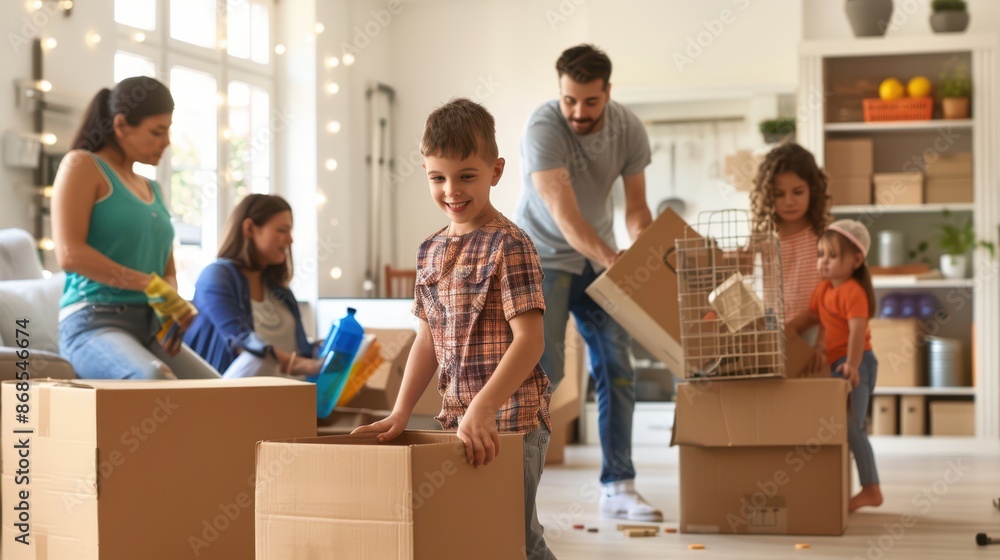 Family happily unpacking boxes in their new home, children playing with packing materials, and parents organizing their new space Family happily unpacking boxes in their new home, children playing with packing materials, and parents organizing their new space