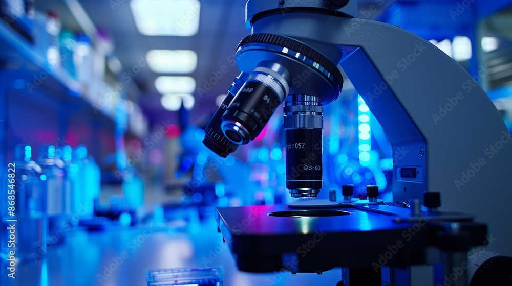 Modern Laboratory Microscope in Blue Lit Research Environment Modern Laboratory Microscope in Blue Lit Research Environment