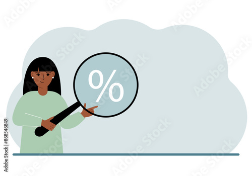 A woman shows a percent sign through a magnifying glass.