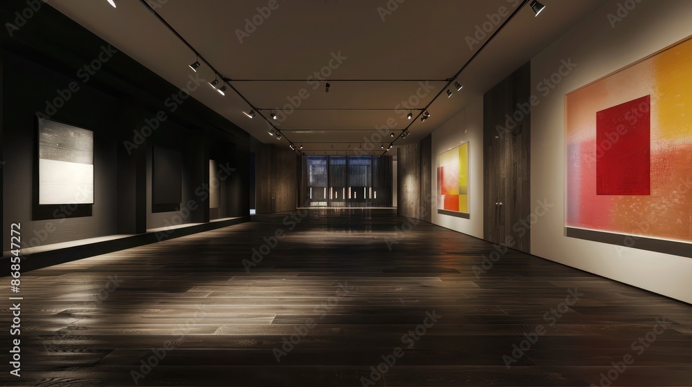 minimalist art gallery with floors and walls clad in stark, black-stained oak, focusing all attention on the artwork minimalist art gallery with floors and walls clad in stark, black-stained oak, focusing all attention on the artwork