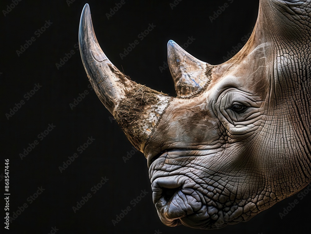 closeup portrait of a rhinoceros textured skin and horn in sharp focus dramatic black background powerful and majestic closeup portrait of a rhinoceros textured skin and horn in sharp focus dramatic black background powerful and majestic