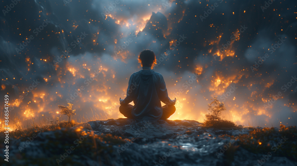 Silhouette of a meditator meditating in a golden background Silhouette of a meditator meditating in a golden background
