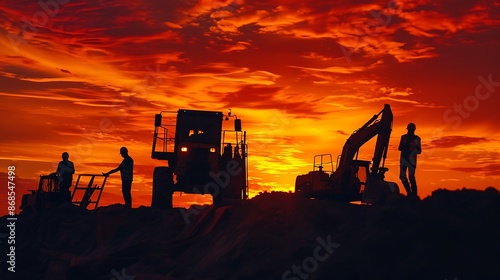 Wallpaper Mural Silhouettes of Workers and Heavy Machinery at Sunset Torontodigital.ca