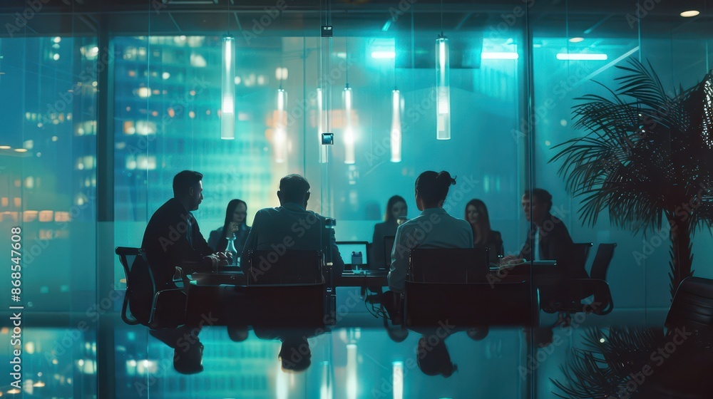 Medium-sized business professionals meeting with financiers in a sleek conference room, discussing financial projections and investment opportunities for their startup Medium-sized business professionals meeting with financiers in a sleek conference room, discussing financial projections and investment opportunities for their startup